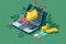Isometric online shopping concept with laptop, credit cards, coins, and shopping cart