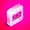 Isometric Open coffin with dead deceased body icon isolated on pink background. Funeral after death. Corpse in an open