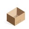 Isometric open empty cardboard box, carton brown crate packaging