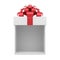 Isometric open empty wrapped white gift box decorated by red glossy bow ribbon for festive surprise