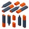 Isometric orange markers isolated on a white background. Realistic markers set for design.