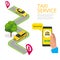 Isometric Ordering Online Taxi and Call a taxi online, mobile application concept for landing page. Street traffic