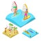 Isometric Outdoor Activity Surfing, Kayaking and Beach Volleyball. Healthy Lifestyle and Recreation