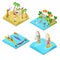 Isometric Outdoor Sea Beach Activity. Kayaking, Beach Volleyball, Surfing and Water Polo. Healthy Lifestyle and Recreation