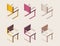 Isometric outline full color set of office chairs