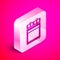 Isometric Oven icon isolated on pink background. Stove gas oven sign. Silver square button. Vector