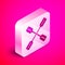 Isometric Paddle icon isolated on pink background. Paddle boat oars. Silver square button. Vector