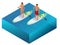 Isometric Paddleboard beach men and women on stand up paddle board surfboard surfing in ocean sea. Water sport concept