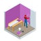 Isometric painter worker painting wall with background glue for a wallpaper. Vector illustration of repair, building and