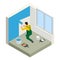 Isometric Paintroller painting white wall with roller blue paint. Flat 3d modern vector illustration. Paintroller