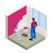 Isometric Paintroller painting white wall with roller red paint. Flat 3d modern vector illustration. Paintroller, people