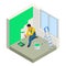 Isometric Paintroller painting white wall with roller red paint. Flat 3d modern vector illustration. Paintroller, people