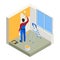Isometric Paintroller painting white wall with roller red paint. Flat 3d modern vector illustration. Paintroller, people