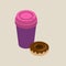 Isometric paper cup of coffee with pink cap and glazed donut