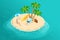 Isometric paradise island in the middle of the ocean, male freelancer working, beautiful girl on the beach, tropical