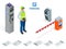 Isometric Parking Attendant. Parking ticket machines and barrier gate arm operators are installed at the entrance and