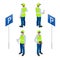 Isometric Parking Attendant. Traffic warden, getting parking ticket or parking ticket fine mandate. Flat 3d illustration