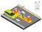 Isometric Parking payment station, access control concept. Parking ticket machines and barrier gate arm operators are