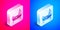 Isometric Patient with broken leg is in the hospital icon isolated on pink and blue background. Hospitalization of the