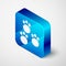 Isometric Paw print icon isolated on grey background. Dog or cat paw print. Animal track. Blue square button. Vector