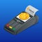 Isometric payment machine, paying by Bitcoin to pay a bill. NFC payments. POS terminal confirms the payment. Vector