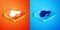 Isometric Peace cloud icon isolated on orange and blue background. Hippie symbol of peace. Vector