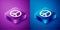 Isometric Peace icon isolated on blue and purple background. Hippie symbol of peace. Square button. Vector