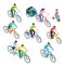 Isometric people bike. Man woman riding bikes outdoor, bicyclists. Active family biking. Cyclist bicycle 3d vector