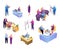 Isometric people in business office vector illustration set, cartoon 3d businessman and businesswoman work icons