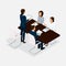 Isometric people, businessmen 3D business woman. Discussion, negotiation concept work, brainstorming. Director negotiating table