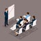 Isometric people, businessmen 3D business woman. Education, business training. Working in the office, office workers on a dark