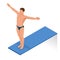 Isometric people diving into water in to the swimming pool, diver. Female swimmer, that jumping and diving into indoor