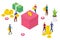 Isometric people donation concept with team people bring money to give and insert to box with modern clean style - vector