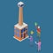 Isometric people entering a tower building