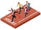 Isometric people. Entrepreneur businessman leader. Businessman and his business team crossing finish line and tearing