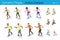 Isometric People Rollerblading and Kids Children ride on Kick Scooter flat vector collection