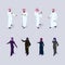 Isometric people set. Men and women in arab traditional clothes stand in different poses gesturing with their hands