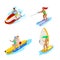 Isometric People on Water Activity. Woman Surfer, Water Skiing, Man Hydrocycle