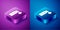 Isometric Pepper spray icon isolated on blue and purple background. OC gas. Capsicum self defense aerosol. Square button