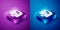 Isometric Percent discount and monitor icon isolated on blue and purple background. Sale percentage - price label, tag