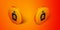 Isometric Perfume icon isolated on orange background. Orange circle button. Vector