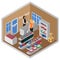 Isometric Pet shop interior. Cats and dogs grooming and feeding Equipment. Veterinary store, animal consultant service.