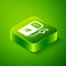 Isometric Petrol or gas station icon isolated on green background. Car fuel symbol. Gasoline pump. Green square button