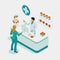 Isometric Pharmacy Store and Doctor pharmacist and patient. Woman pharmacist holding prescription checking medicine in