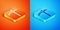 Isometric Pickaxe icon isolated on orange and blue background. Vector