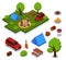 Isometric picnic barbeque icon illustrations