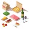 Isometric picnic set of pizza box, wine and basket