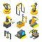 Isometric pictures of machinery. Factory machine tools