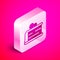 Isometric Piece of cake icon isolated on pink background. Happy Birthday. Silver square button. Vector
