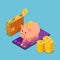 Isometric piggy bank on smartphone with wallet and dollar coins